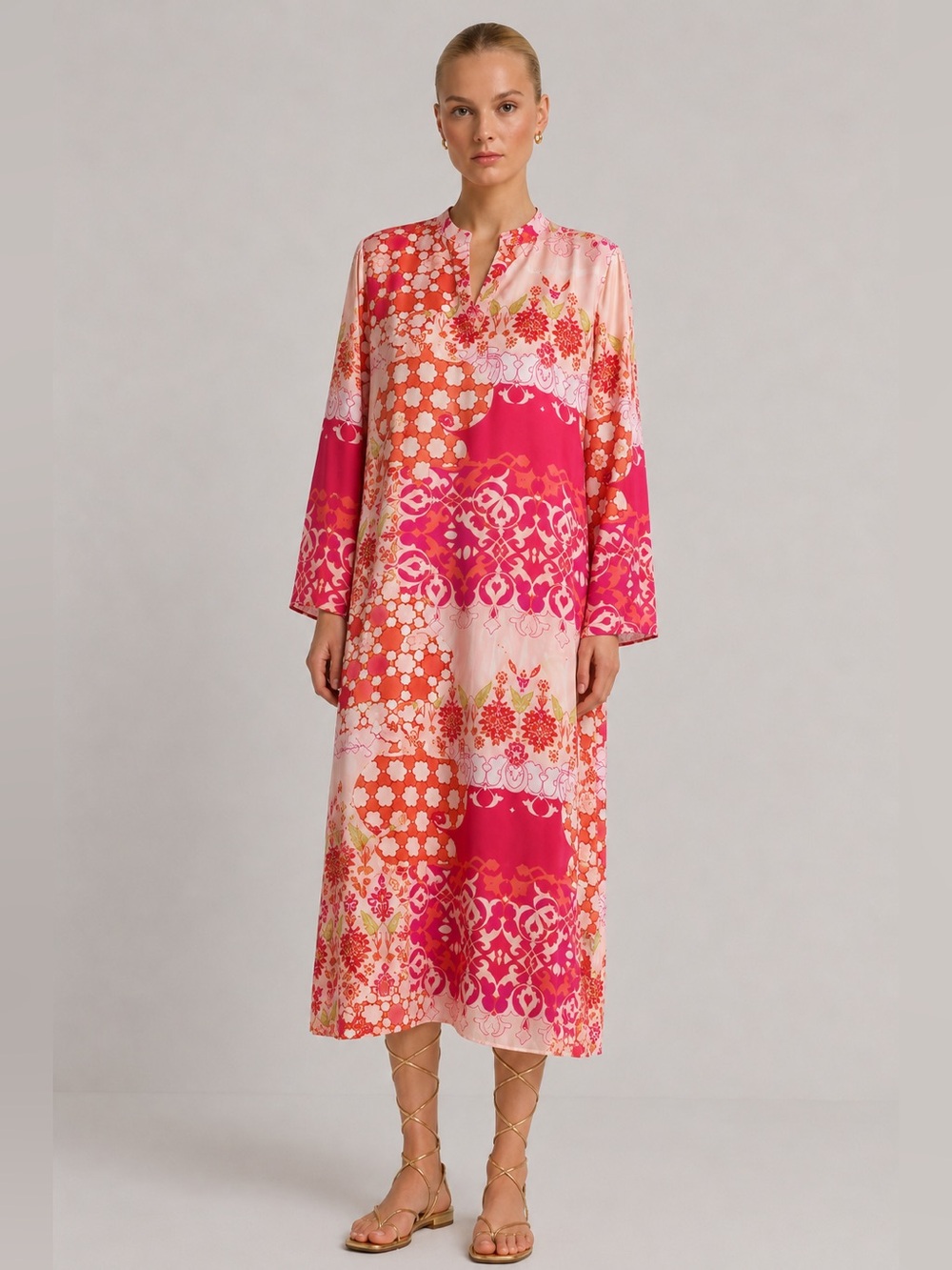 Natori Size Large Pink and Orange Floral Patchwork Maxi Dress Long Sleeve Mumu